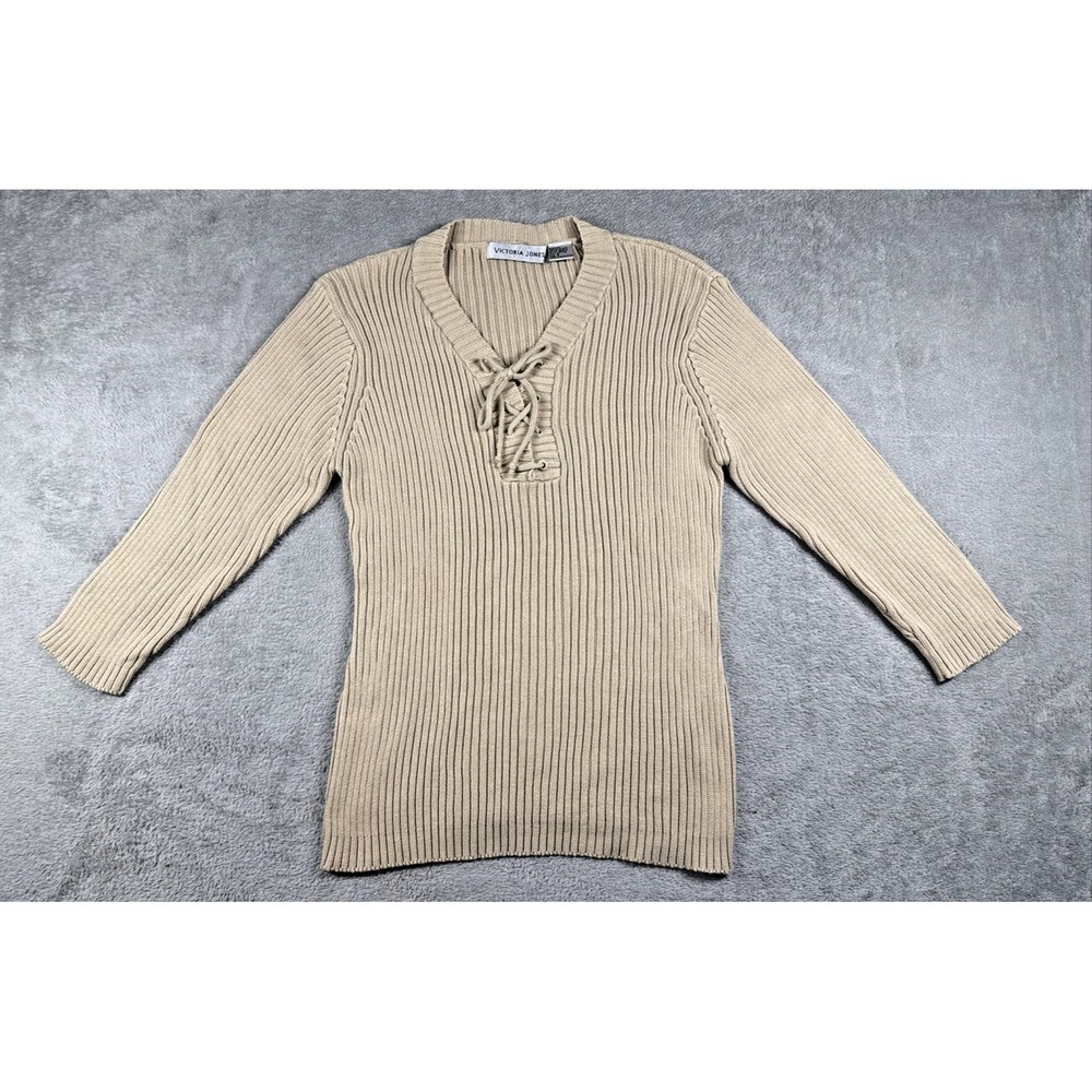 Vintage Victoria‎ Jones Women's Laced V-Neck Ribbed Sweater Top Tan Size S NWT